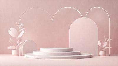 The primary subject of the image is a white, three-tiered structure, possibly a cake or a sculpture, placed on a pink surface. The setting appears to be a pink room, and the visual style is a combination of photo and digital art. The colors and mood of the image are predominantly pink, creating a warm and inviting atmosphere.