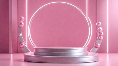 The primary subject of the image is a large, circular object with a pink background. The setting appears to be a futuristic environment, possibly a space station or a futuristic room. The visual style of the image is a combination of photo and digital art, creating a unique and intriguing atmosphere. The dominant colors in the image are pink and silver, giving the scene a futuristic and sleek appearance.