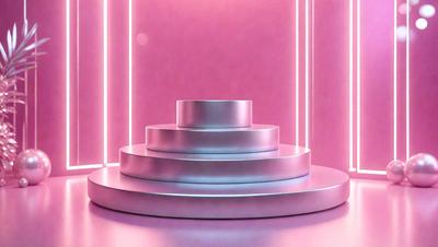The primary subject of the image is a silver cake, which is placed on a pink surface. The setting appears to be a pink room, and the visual style is a combination of photo and digital art. The dominant colors in the image are pink and silver, creating a warm and inviting atmosphere.