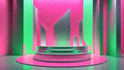 The primary subject of the image is a large, pink and green building with a staircase. The setting is a futuristic environment, possibly a space station or a futuristic city. The visual style is a combination of digital art and illustration, creating a unique and captivating atmosphere. The dominant colors are pink and green, giving the scene a vibrant and lively feel.