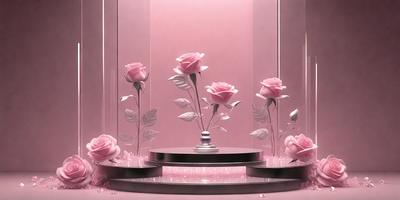 The primary subject of the image is a display of pink roses. The setting is a pink wall, which serves as the backdrop for the roses. The visual style is a combination of photo and digital art, creating a realistic yet artistic representation of the roses. The colors and mood of the image are predominantly pink, giving it a warm and inviting atmosphere.