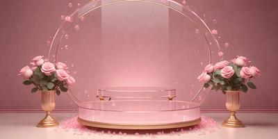 The primary subject of the image is a pink bed with a pink frame. The bed is placed in a pink room, which has a pink wall and a pink ceiling. The visual style of the image is a digital art, creating a surreal and dreamy atmosphere. The colors and mood of the image are predominantly pink, giving it a warm and inviting feel.