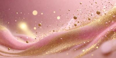 The primary subject of the image is a close-up of a pink surface with gold glitter sprinkled on it. The setting appears to be a pink background, and the visual style is a combination of a photo and digital art. The dominant colors are pink and gold, creating a warm and inviting atmosphere.
