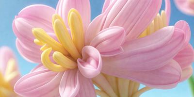 The primary subject of the image is a pink and yellow flower. The setting is a blue background, which creates a contrasting and visually appealing scene. The visual style is a close-up of the flower, showcasing its details and colors. The dominant colors are pink and yellow, creating a warm and vibrant atmosphere.