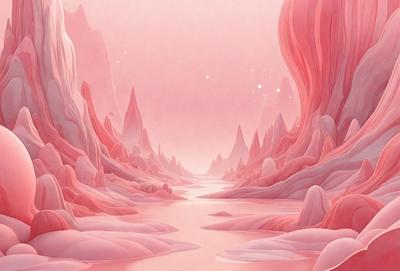 The primary subject of the image is a pink landscape with a river flowing through it. The setting is a rocky, mountainous area with a pink sky. The visual style is a digital art or illustration, creating a surreal and dreamy atmosphere. The dominant colors are pink and purple, giving the scene a soft and serene mood.