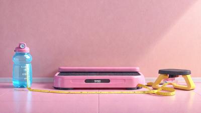 The primary subject of the image is a pink scale, which is placed on a pink surface. The setting is a room with a pink wall, and the visual style appears to be a photo. The colors and mood of the image are predominantly pink, creating a warm and inviting atmosphere.