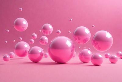 The primary subject of the image is a group of pink bubbles floating on a pink background. The setting is a pink surface, which creates a visually striking and cohesive scene. The visual style is a combination of photo and digital art, as the bubbles appear to be floating in a 3D space. The colors and mood of the image are predominantly pink, giving it a warm and inviting atmosphere.