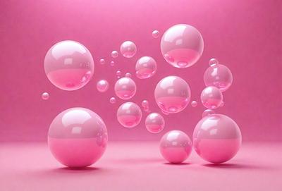 The primary subject of the image is a group of pink bubbles floating in the air. The setting is a pink background, which creates a visually appealing contrast with the bubbles. The visual style is a combination of photo and digital art, as the bubbles appear to be floating on a pink surface. The colors and mood of the image are predominantly pink, giving it a warm and inviting atmosphere.