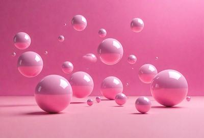 The primary subject of the image is a group of pink bubbles floating on a pink background. The setting is a pink surface, which creates a visually appealing and cohesive environment. The visual style of the image is a combination of photo and digital art, as it appears to be a photograph of a digital art piece. The colors and mood of the image are predominantly pink, creating a warm and inviting atmosphere.