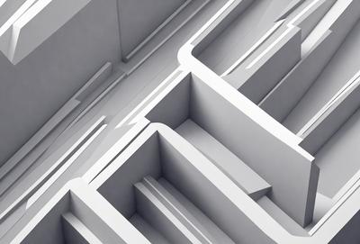 The primary subject of the image is a white, three-dimensional structure that resembles a maze or a series of interconnected boxes. The setting is a white background, which provides a clean and minimalist appearance. The visual style is a combination of digital art and illustration, creating a unique and intricate design. The colors and mood of the image are predominantly white, giving it a clean and modern feel.