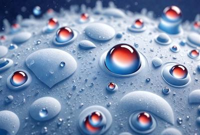 The primary subject of the image is a close-up of a raindrop, which is surrounded by other raindrops. The setting is a blue background, which adds to the overall atmosphere. The visual style is a combination of photo and digital art, creating a realistic yet artistic representation of the raindrops. The colors are predominantly blue and red, with the blue background and red raindrops creating a striking contrast.