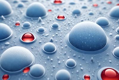 The primary subject of the image is a blue surface with red droplets scattered across it. The setting appears to be a digital art or illustration, as the droplets are depicted in a visually appealing manner. The visual style is a mix of realism and artistic expression, creating a unique and captivating scene. The dominant colors are blue and red, which evoke a sense of depth and contrast. Overall, the image conveys a sense of movement and dynamism, with the red droplets
