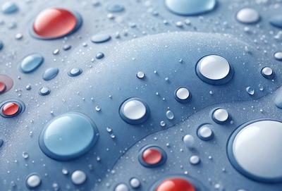 The primary subject of the image is a blue surface with a pattern of red and white bubbles. The setting appears to be a water surface, possibly a pool or a waterfall. The visual style of the image is a combination of digital art and illustration, creating a unique and eye-catching design. The dominant colors in the image are blue, red, and white, giving it a vibrant and lively atmosphere.