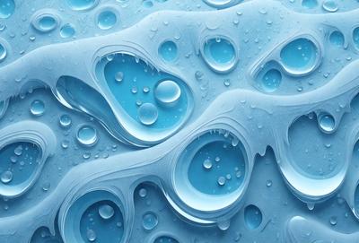 The primary subject of the image is a blue, water-like surface with numerous bubbles and droplets on it. The setting appears to be a blue ocean or a large body of water. The visual style of the image is a combination of photo and digital art, creating a unique and intriguing appearance. The dominant colors in the image are blue and white, with the blue water and white bubbles creating a serene and calming atmosphere.