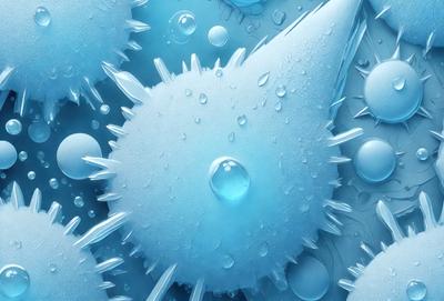 The primary subject of the image is a close-up of a blue, frosty, and wet object, possibly a piece of ice or a frozen water droplet. The setting is a blue background, which adds to the overall visual style. The image appears to be a digital art or illustration, as it captures the intricate details of the blue object. The dominant colors in the image are blue and white, creating a cold and icy atmosphere.