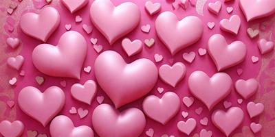 The primary subject of the image is a collection of pink hearts arranged in various patterns. The hearts are made of a pink material, possibly plastic or foam, and are placed on a pink background. The visual style of the image is a combination of digital art and illustration, creating a vibrant and playful atmosphere. The dominant colors in the image are pink, which is used for both the hearts and the background, and white, which is used for the hearts' outlines.