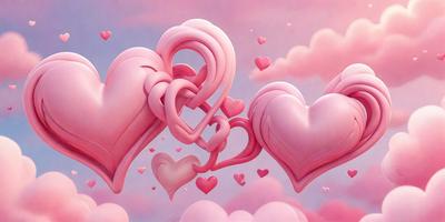The primary subject of the image is a heart-shaped cloud, which is pink and has a heart shape. The setting is a cloudy sky, and the visual style is digital art. The heart-shaped cloud is surrounded by other hearts, creating a warm and loving atmosphere.