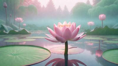 The primary subject of the image is a pink flower, which is the main focus of the scene. The flower is situated in a pond, surrounded by lily pads, creating a serene and peaceful atmosphere. The visual style of the image is a combination of photo and digital art, giving it a realistic yet artistic appearance. The dominant colors in the image are pink and green, with the pink flower being the most prominent feature.