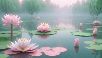 The primary subject of the image is a group of pink flowers floating on a body of water. The flowers are arranged in a visually appealing manner, creating a serene and peaceful atmosphere. The setting is a calm lake, with a misty background that adds to the overall mood of the scene. The visual style of the image is a combination of photo and digital art, resulting in a realistic yet artistic representation of the flowers and their surroundings. The colors and mood of the image are predominantly p