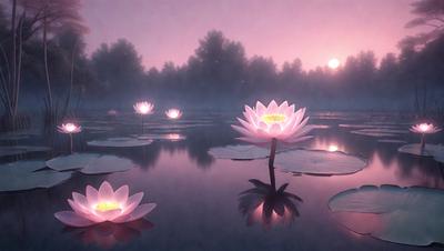 The primary subject of the image is a beautiful scene of a pond with a group of pink flowers floating on the water. The flowers are scattered throughout the pond, creating a serene and peaceful atmosphere. The setting is a natural environment, with the pond surrounded by trees, providing a sense of tranquility. The visual style of the image is a combination of photo and digital art, creating a realistic yet artistic representation of the scene. The colors and mood of the image are predominantly pink, which