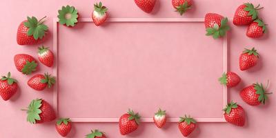 The primary subject of the image is a pink background with a row of strawberries placed on top of it. The strawberries are arranged in a visually appealing manner, creating a sense of freshness and natural beauty. The setting appears to be a still life composition, with the pink background serving as a neutral and complementary backdrop for the strawberries. The visual style of the image is likely to be a photo or a digital art piece, as the strawberries are depicted in a