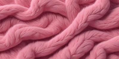 The primary subject of the image is a pink, fuzzy, and curly yarn. The setting is a close-up of the yarn, showcasing its texture and color. The visual style is a detailed, textured photo of the yarn. The colors and mood of the image are predominantly pink, creating a warm and cozy atmosphere.