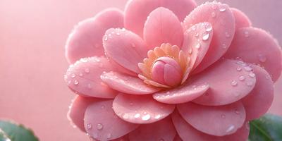The primary subject of the image is a pink flower with a yellow center, surrounded by water droplets. The setting is a pink background, which adds to the overall mood of the image. The visual style is a close-up of the flower, showcasing its details and beauty. The colors and mood of the image are predominantly pink and serene, creating a calming and peaceful atmosphere.