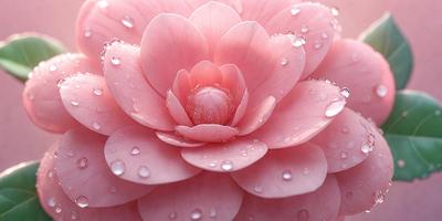 The primary subject of the image is a pink flower with drops of water on it. The setting is a pink background, which adds to the overall mood of the image. The visual style is a close-up of the flower, showcasing its details. The colors and mood of the image are predominantly pink, creating a warm and inviting atmosphere.