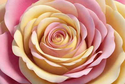 The primary subject of the image is a large, pink rose with a yellow center. The rose is the main focus of the image, and it is displayed against a pink background. The visual style of the image is a close-up of the rose, showcasing its details and texture. The colors and mood of the image are predominantly pink and warm, creating a sense of beauty and elegance.