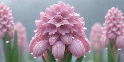The primary subject of the image is a pink flower with drops of water on it. The flower is located in a garden setting, surrounded by other flowers. The visual style of the image is a photo, capturing the beauty of the flower in its natural environment. The colors and mood of the image are predominantly pink, creating a sense of warmth and freshness.