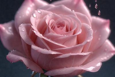 The primary subject of the image is a pink rose with drops of water on it. The rose is placed in a vase, and the setting is a close-up of the rose, showcasing its beauty. The visual style is a realistic photograph of the rose, and the colors are predominantly pink, with the drops of water adding a touch of green. The overall atmosphere is serene and elegant, as the rose is the main focus of the image.