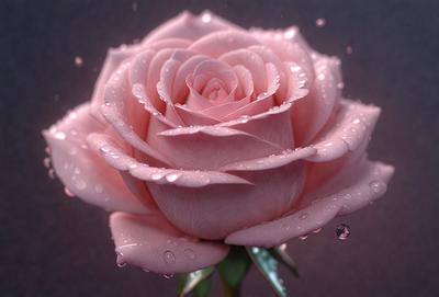 The primary subject of the image is a pink rose with water droplets on it. The rose is the main focus of the image, and it is placed against a dark background. The visual style of the image is a close-up of the rose, which highlights its details and texture. The colors in the image are predominantly pink, which gives the image a warm and romantic atmosphere.