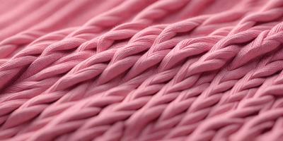 The primary subject of the image is a close-up of a pink knitted fabric. The setting is a pink background, which creates a visually appealing contrast with the knitted fabric. The visual style is a close-up of the knitted fabric, showcasing its texture and details. The colors and mood of the image are predominantly pink, giving it a warm and cozy atmosphere.