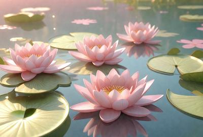 The primary subject of the image is a group of pink flowers floating on a body of water. The flowers are arranged in a visually appealing manner, creating a serene and peaceful atmosphere. The setting is a pond or a lake, with the water reflecting the beauty of the flowers. The visual style of the image is a combination of photo and digital art, as it captures the natural beauty of the flowers while also showcasing the artist's creativity in arranging them. The colors and mood of the