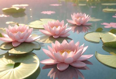 The primary subject of the image is a group of pink flowers floating on a body of water. The flowers are arranged in a visually appealing manner, creating a serene and peaceful atmosphere. The setting is a pond or a lake, with the water reflecting the beauty of the flowers. The visual style of the image is a combination of photo and digital art, as it captures the natural beauty of the flowers while also showcasing the artist's creativity in arranging them. The colors and mood of the