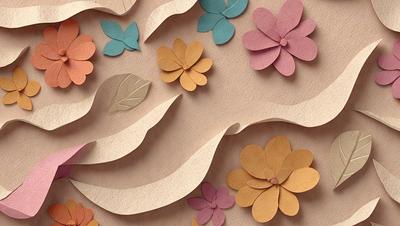The primary subject of the image is a collage of paper flowers, leaves, and butterflies. The setting is a wooden surface, and the visual style is a combination of digital art and illustration. The colors and mood of the image are vibrant and lively, with a focus on the natural elements of flowers, leaves, and butterflies.
