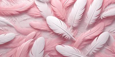 The primary subject of the image is a close-up of a pink feather. The setting is a pink background, which creates a visually striking contrast with the feather. The visual style is a close-up of a single feather, emphasizing its texture and details. The colors and mood of the image are predominantly pink, giving it a soft and delicate appearance.