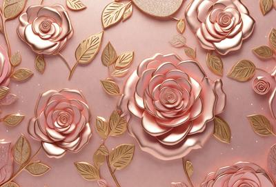 The primary subject of the image is a close-up of a pink rose with gold leaves. The rose is the focal point of the scene, and it is set against a pink background. The visual style of the image is a combination of photo and digital art, creating a realistic yet artistic representation of the rose. The dominant colors in the image are pink and gold, giving the scene a warm and elegant atmosphere.