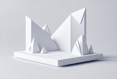 The primary subject of the image is a white paper cutout of a mountain. The setting is a white background, and the visual style is a digital art or illustration. The colors and mood of the image are predominantly white, giving it a clean and minimalist appearance.