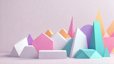 The primary subject of the image is a collection of colorful geometric shapes, including triangles and squares, arranged in a visually appealing manner. The setting is a white background, which provides a clean and minimalist appearance. The visual style is a combination of digital art and illustration, creating a unique and creative representation of the shapes. The dominant colors in the image are pink, blue, and white, which contribute to a cheerful and vibrant atmosphere.