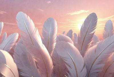 The primary subject of the image is a large group of white feathers, which are the primary focus of the scene. The feathers are arranged in a way that creates a sense of depth and dimension. The setting is a sunset, with the sun visible in the background, casting a warm glow on the scene. The visual style of the image is a combination of photo and digital art, creating a realistic yet artistic representation of the feathers. The colors and mood of the image are predominantly warm and serene,