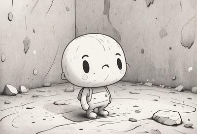 The primary subject of the image is a small, round, white-skinned character with a frowning expression. The character is standing in a rocky, dirt-covered area, which serves as the setting for the scene. The visual style of the image is a combination of digital art and illustration, creating a unique and engaging atmosphere. The dominant colors in the image are shades of brown and white, which contribute to the overall mood of the scene.