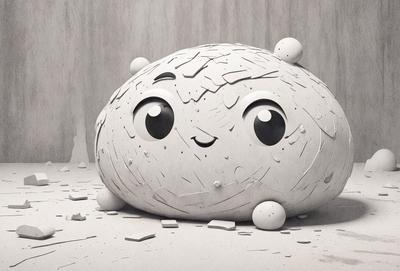 The primary subject of the image is a white, round, and cute-looking object, which appears to be a sculpture or a toy. It is sitting on a surface with a few small white balls scattered around it. The setting is a room with a wall, and the visual style is a combination of digital art and illustration. The colors are predominantly white, giving the scene a clean and simple appearance. The overall mood of the image is cheerful and playful.