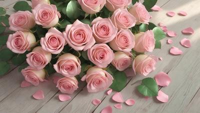 The primary subject of the image is a bouquet of pink roses. The setting is a wooden table, and the visual style is a photo. The dominant colors are pink and white, creating a warm and romantic atmosphere.