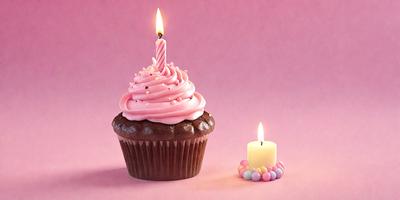 The primary subject of the image is a cupcake with a lit candle on top. The cupcake is placed on a pink surface, which adds to the overall mood of the scene. The visual style of the image is a close-up of the cupcake, highlighting the details of the candle and the frosting. The colors in the image are predominantly pink, which creates a warm and inviting atmosphere.