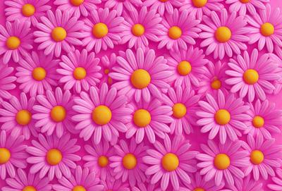 The primary subject of the image is a close-up of a pink flower with yellow centers. The flower is surrounded by a pattern of other flowers, creating a visually appealing and vibrant scene. The setting appears to be a pink background, which adds to the overall mood of the image. The visual style of the image is a combination of photo and digital art, resulting in a unique and eye-catching display.