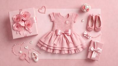 The primary subject of the image is a baby girl's pink dress, which is placed on a pink background. The dress is accompanied by a pair of pink shoes and a bow. The visual style of the image is a photo, and the colors and mood are predominantly pink, creating a warm and inviting atmosphere.