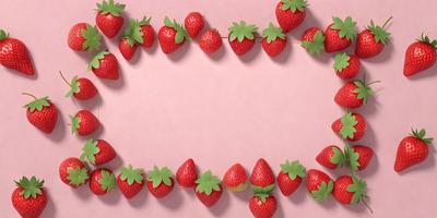The primary subject of the image is a row of strawberries. The strawberries are arranged in a pattern, forming a line or a shape. The setting is a pink background, which adds a vibrant and fresh touch to the scene. The visual style of the image is a close-up of the strawberries, showcasing their details and texture. The colors and mood of the image are predominantly pink, which is associated with freshness, love, and warmth.