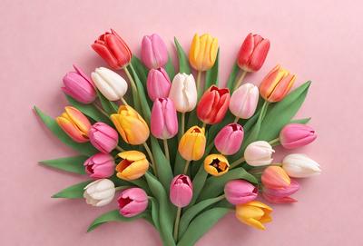 The primary subject of the image is a bouquet of colorful tulips, which are displayed in a vase. The bouquet consists of various shades of pink, yellow, and orange tulips, creating a visually appealing and vibrant scene. The setting is a pink background, which adds to the overall atmosphere of the image. The visual style of the image is a close-up of the bouquet, showcasing the details of the flowers and the vase. The colors and mood of
