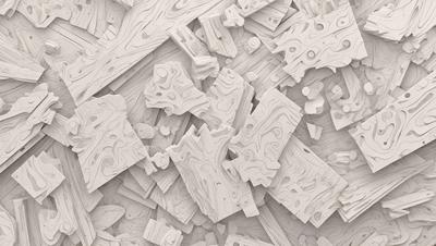 The primary subject of the image is a collection of wooden blocks, which are arranged in a visually interesting manner. The setting is a white background, which provides a clean and minimalist appearance. The visual style is a combination of digital art and illustration, as the wooden blocks are depicted in a detailed and artistic manner. The colors and mood of the image are predominantly white, giving it a clean and serene atmosphere.